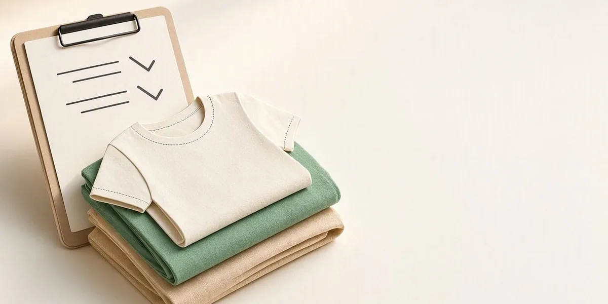 Paper-cut illustration of a clipboard with checkmarks beside folded clothes