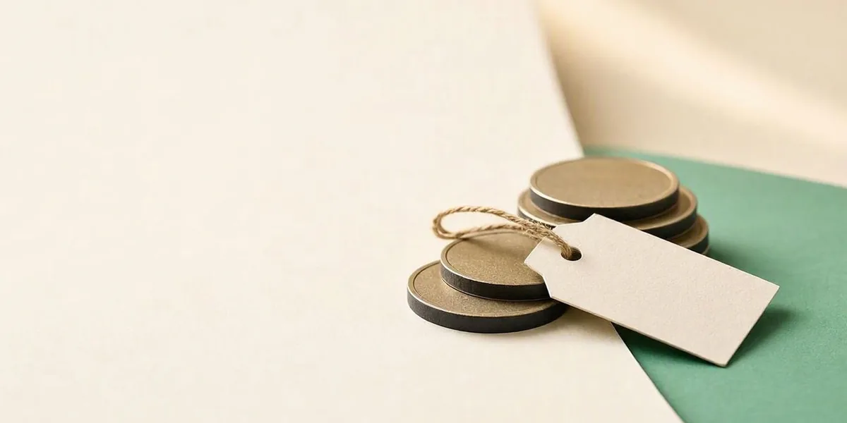 Paper-cut illustration of stacked coins and a blank price tag