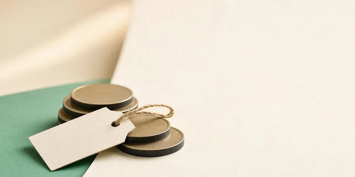 Paper-cut illustration of stacked coins and a blank price tag