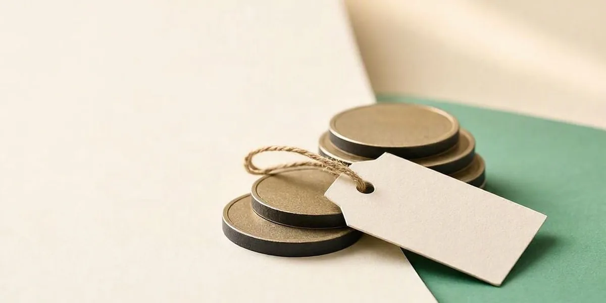Paper-cut illustration of stacked coins and a blank price tag