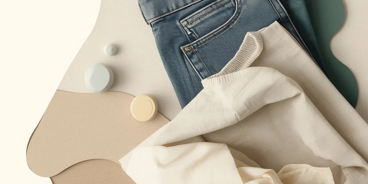 Paper-cut illustration of folded denim and knitwear laid flat