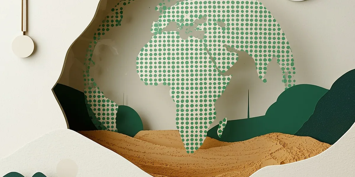 Paper-cut illustration of a dotted globe with connection arcs