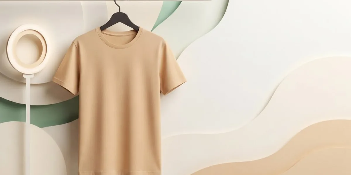 Paper-cut illustration of a shirt on a hanger in front of a small photo light