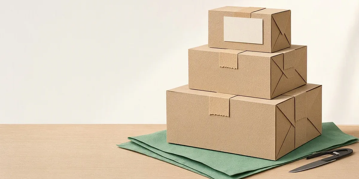 Paper-cut illustration of packed parcels on a packing table