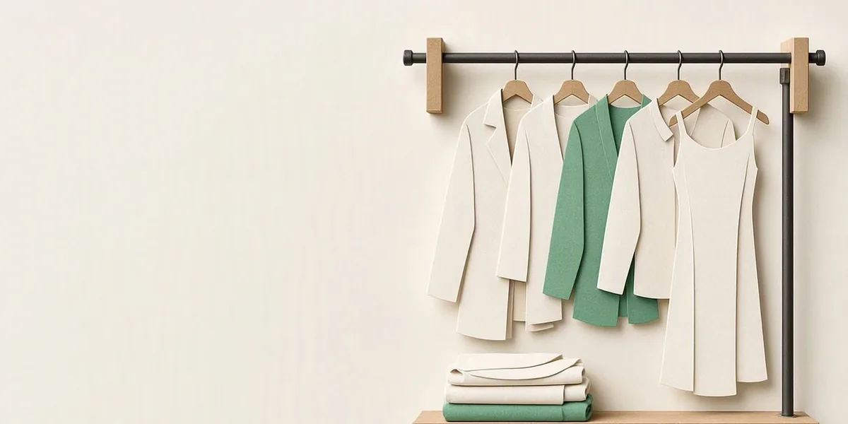 Paper-cut illustration of a clothing rail with a few garments and a folded stack