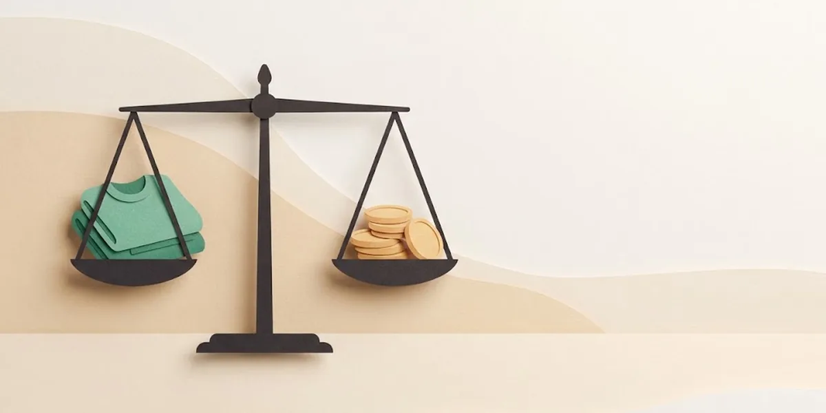Paper-cut illustration of a balance scale weighing coins against a sweater