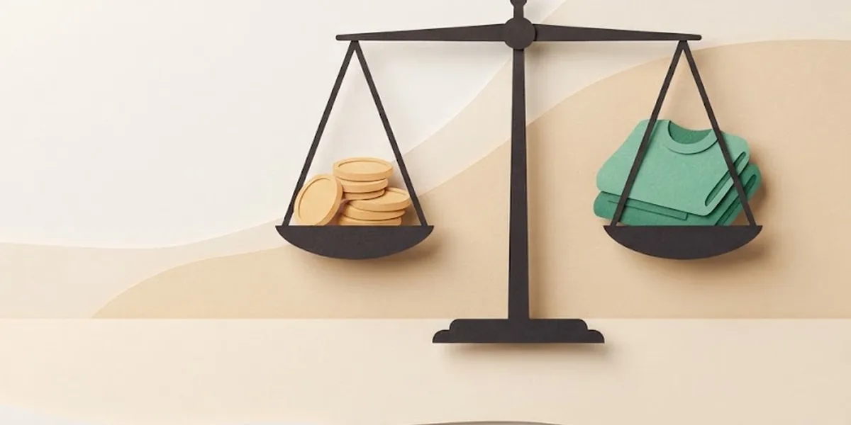 Paper-cut illustration of a balance scale weighing coins against a sweater