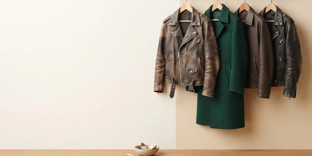 Paper-cut illustration of vintage jackets and a coat on wooden hangers